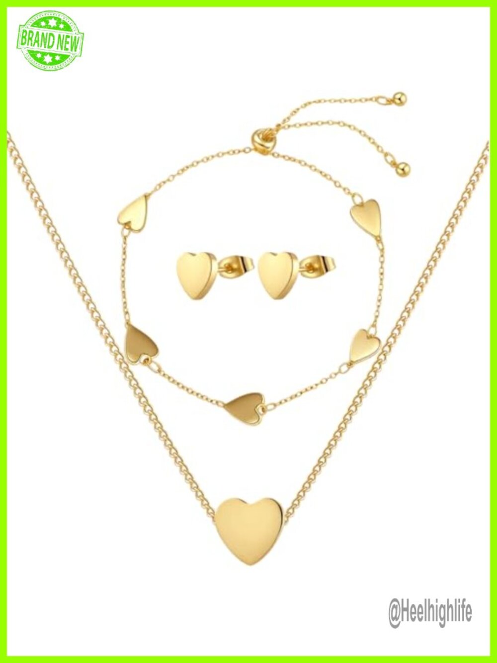 Stainless Steel Heart Necklace Bracelet Earrings Jewelry Set for Women